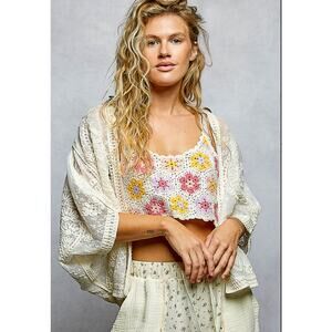 POL Embroidery Cream Cardigan Crop Dolman Sleeve
